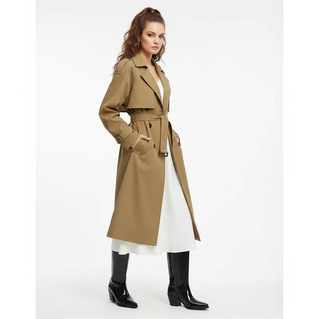 Modelka w czarnych kaloszach Velaya i płaszczu beżowym