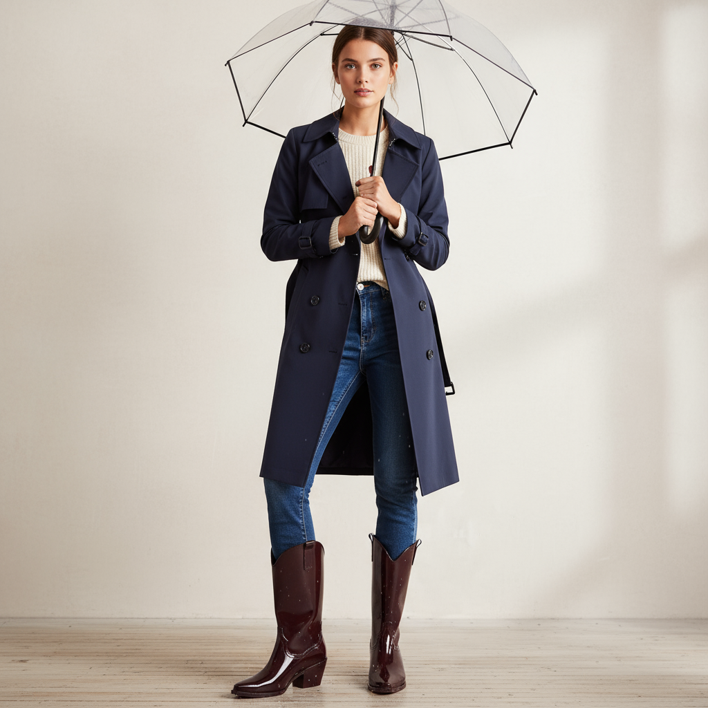 Modelka w bordowych kaloszach Velaya i płaszczu