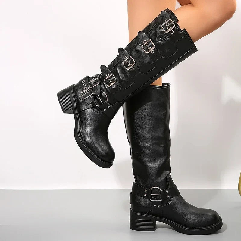 Rebelle kozaki czarne / zwart – biker boots z klamrami i grubym obcasem