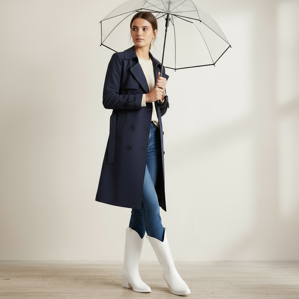 Modelka w białych kaloszach Velaya i granatowym płaszczu